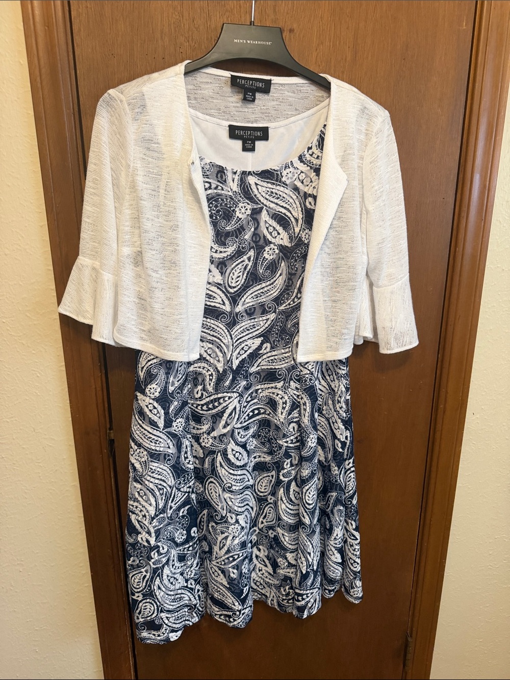 Perceptions Navy & White Paisley Fit&Flare Dress w  White Cropped Cardigan PM